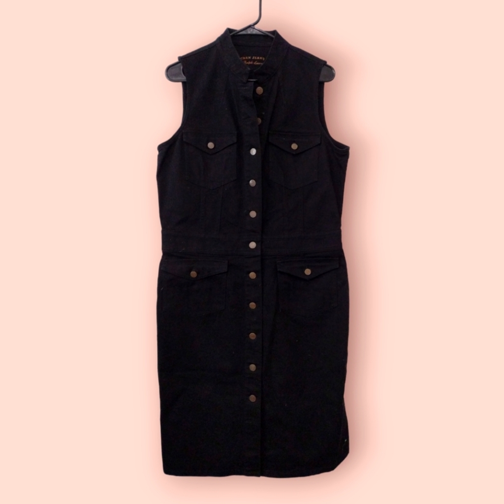 Lauren By Ralph Lauren Vintage Sleeveless Black Denim Dress Sz 14